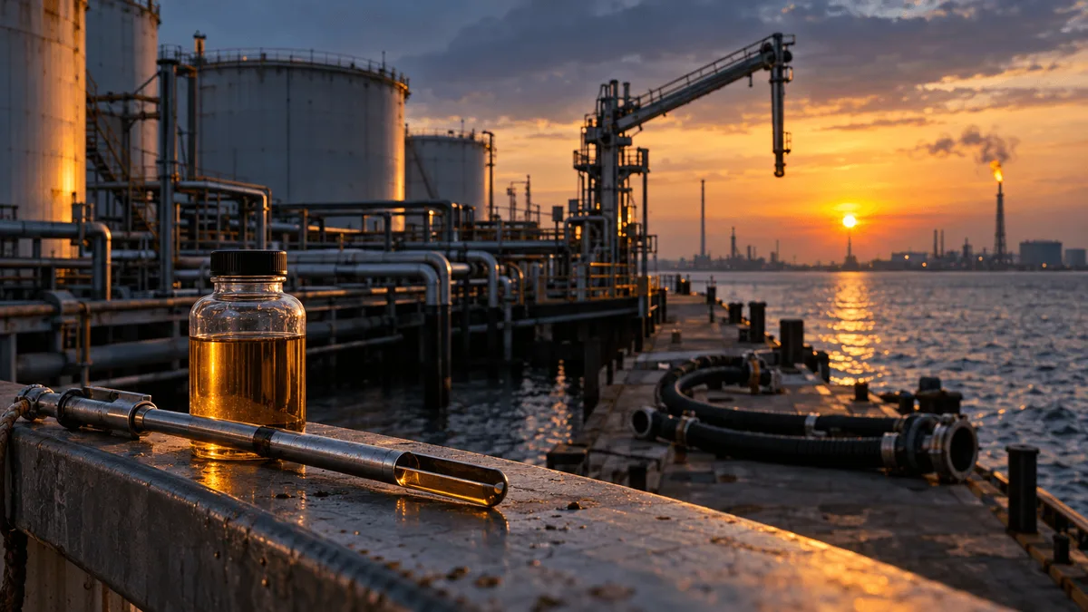 A tanker berth at dusk: a squat, weathered fuel-storage tank farm with looping pipework and a single loading arm extended toward an empty dock, coils of thick rubber hose lying disconnected on the concrete.