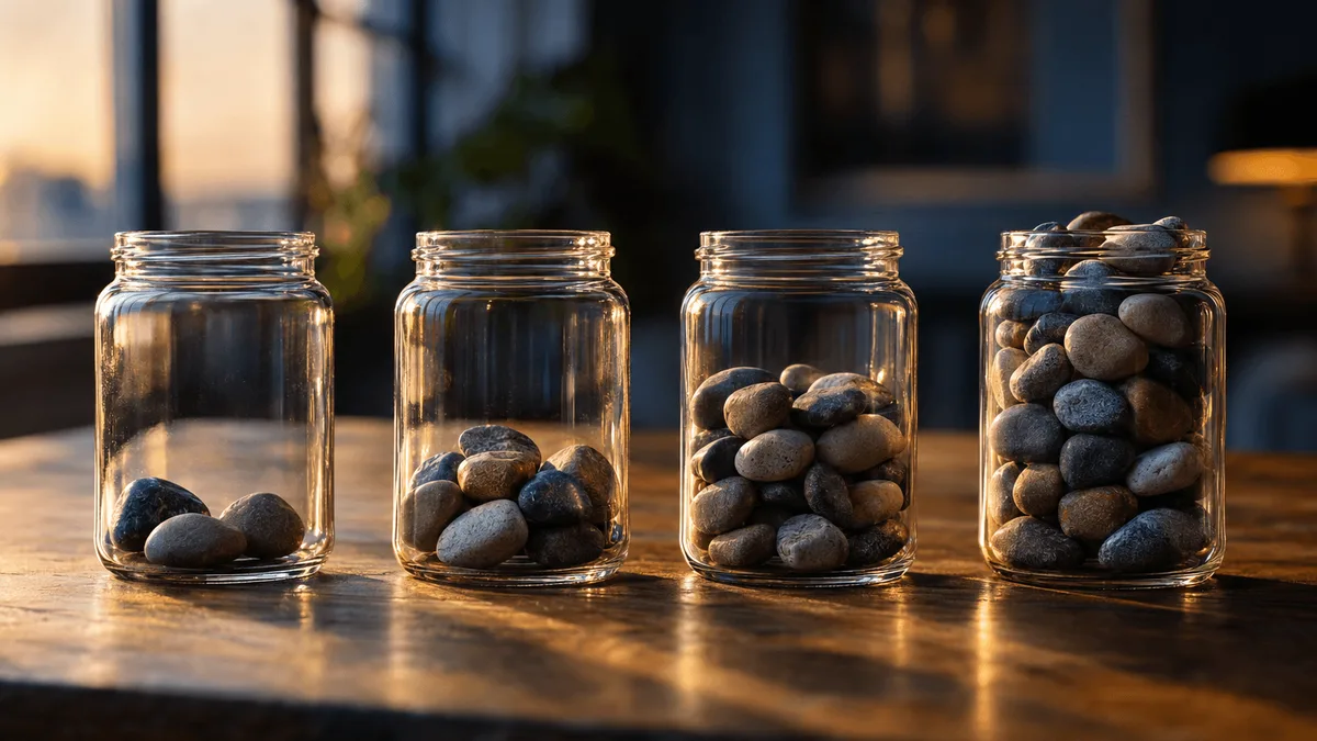 Arrange a collection of identical-looking clear glass jars, each holding a different number of smooth stones, on a plain wooden table lit by soft natural window light.