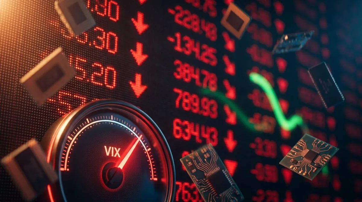 A dramatic close-up of a stock market ticker board or digital display showing deep red numbers plunging downward, with a glowing VIX gauge or volatility meter prominently spiking in the foreground.