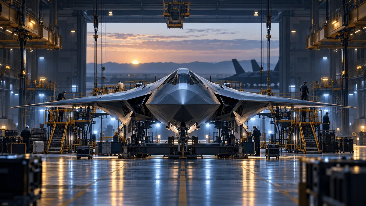 A next-generation stealth fighter jet under construction inside a large aerospace hangar, illuminated by industrial lighting, with an older fighter's silhouette visible in the shadowed background.