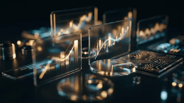 A sleek, dark-themed trading dashboard fills the screen, displaying dynamic candlestick charts, options chain data, and real-time market graphs with glowing green and red price indicators.