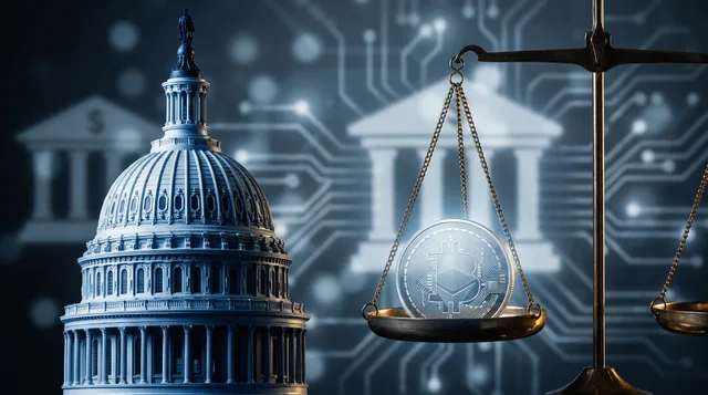A U.S. Capitol dome rendered in stark blue-and-white tones, with a glowing digital coin (subtly stablecoin/crypto-styled) balanced on a classic justice scale beside it, symbolizing the legislative weighing of crypto regulation and ethics. I