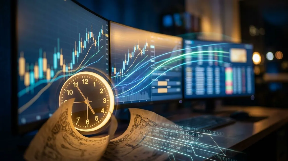 A sleek digital trading terminal or multiple glowing screens displaying stock charts and ticker symbols against a dark background, with a prominent clock or circular time indicator showing the 23-hour trading window.