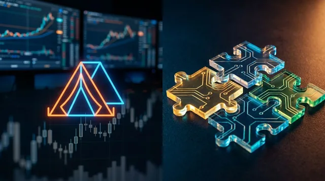 A split-screen visualization showing multiple interconnected options chains or trading legs represented as glowing, color-coded puzzle pieces snapping together simultaneously against a dark financial dashboard background.