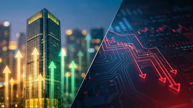 A split-screen composition showing a modern glass skyscraper or residential building bathed in warm golden upward light on one side, contrasting sharply with a dark, downward-trending stock chart or glowing circuit board/microchip sinking i