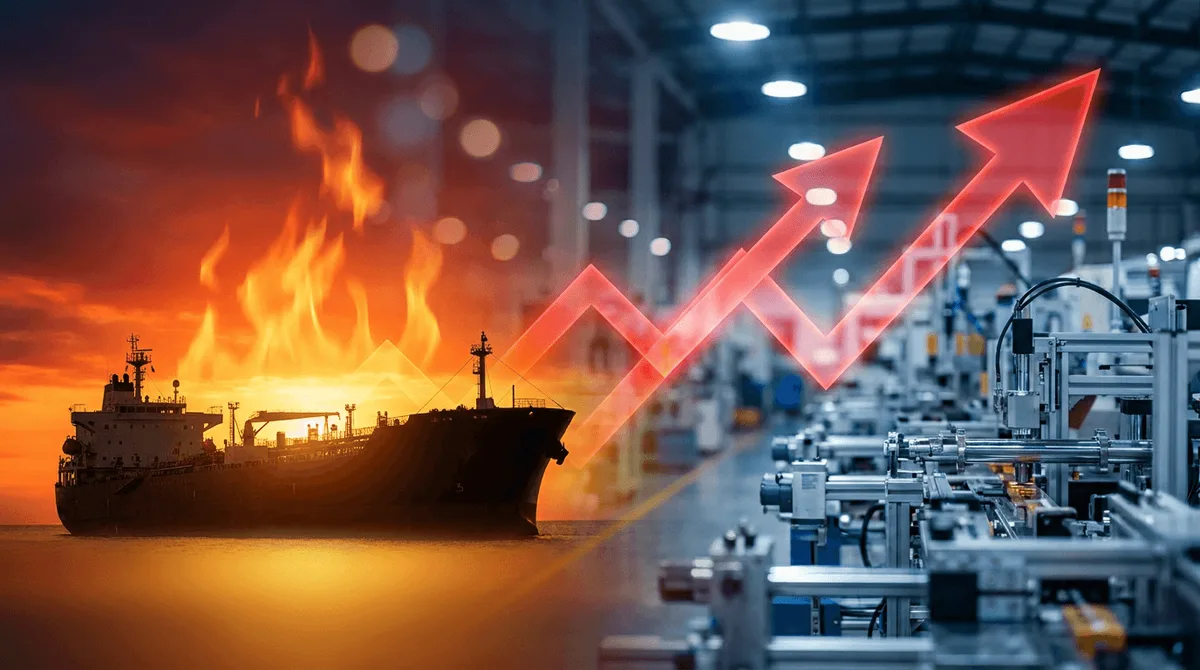 A dramatic split-scene image showing a blazing oil refinery or tanker silhouetted against a fiery orange sky on one side, transitioning into a bustling Chinese factory floor or industrial skyline on the other.