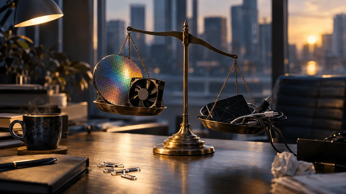 A clean office desk at day's end: a silicon wafer and a small server-rack fan catching the last window light sit on one side, while a cracked smartphone screen-down and a tangle of unplugged cables lie pushed to the opposite edge.