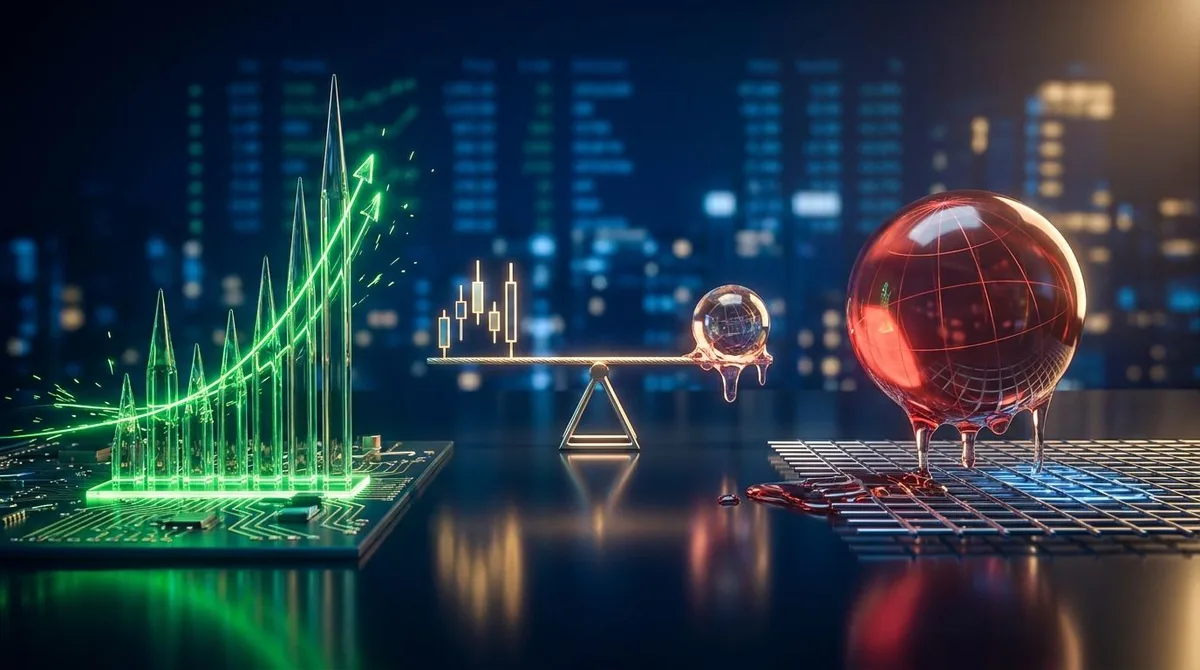 A dramatic split-scene image showing a stock chart with a sharp, explosive price spike shooting upward on one side, while a glowing options chain or volatility graph visibly deflates and collapses on the other side.