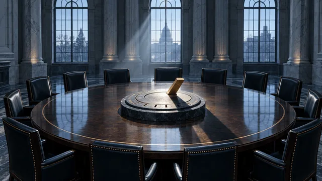 An empty formal boardroom with twelve matching chairs around a round table holding a large stone dial mechanism shifted one notch upward under a beam of cold light from tall windows, symbolizing a unanimous central bank rate increase.