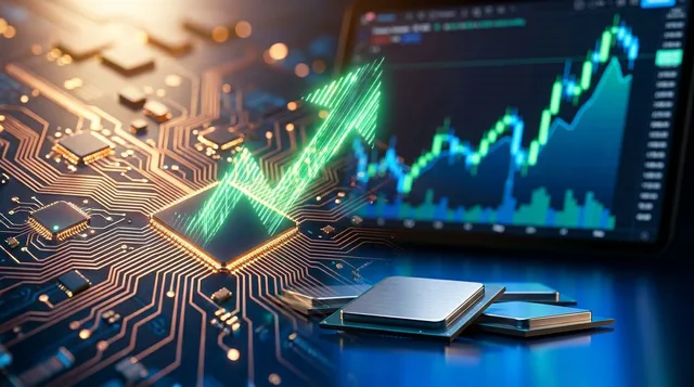 A dramatic upward-shooting green arrow or rocket bursting through a glowing circuit board or microchip, set against a dark financial chart background with bright blue and green candlestick patterns surging to record highs.