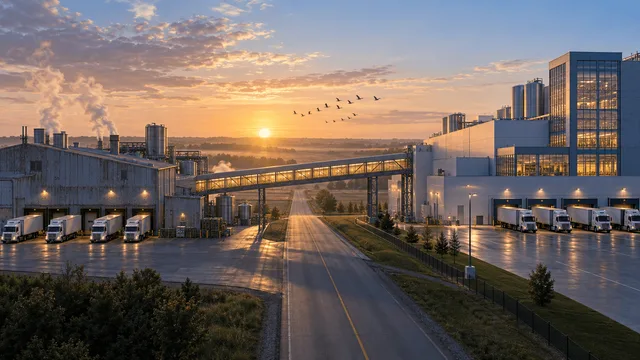 Two connected industrial food-processing plants—one older and one larger, modern facility—linked by an illuminated conveyor bridge over a rural road at dawn, with refrigerated trucks at loading docks on both sides.