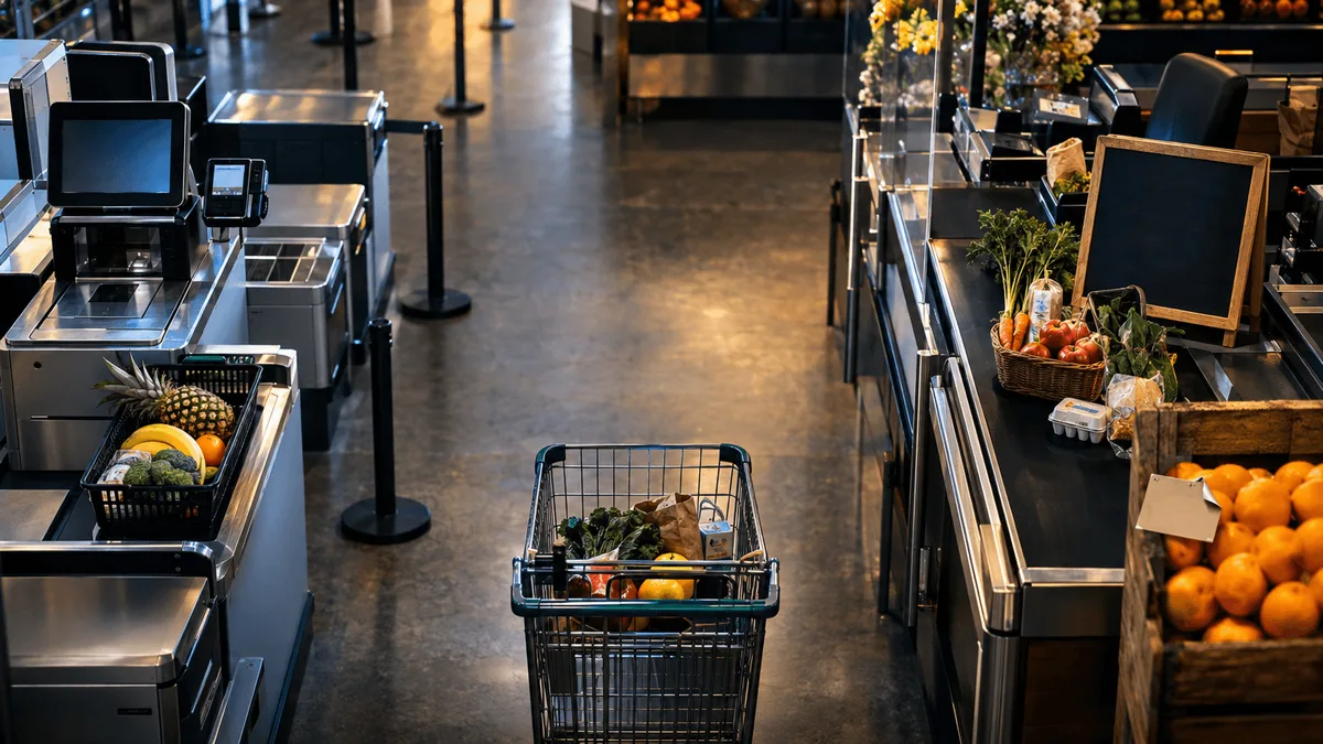 A grocery store checkout line viewed from above, where a shopper weighs two paths: a fast self-checkout kiosk with a short queue versus a cashier lane with a handwritten chalkboard sign reading "price match guaranteed," baskets of produce s
