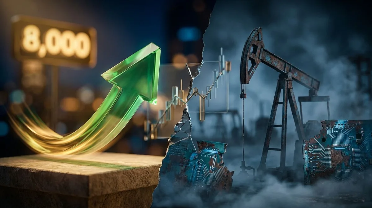 A dramatic split-screen composition showing a gleaming upward-trending stock chart arrow in bold green reaching toward a glowing "8,000" milestone on one side, while the other side shows cooling blue tones with fading circuit-board tech ima