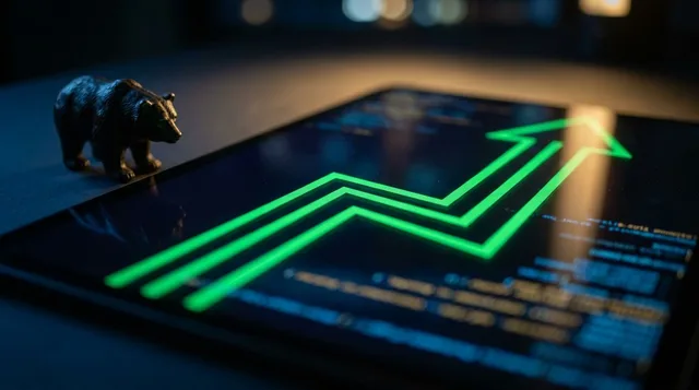 A powerful upward-trending stock chart rendered in bold green lines surges dramatically against a dark background, with glowing software or code elements subtly reflected in the surface below. A bear figurine sits small and overshadowed in the corner, dwarfed by the rising momentum of the chart. The overall composition conveys a clear sense of reversal and resurgence, with dynamic lighting that makes the upward movement feel unstoppable.