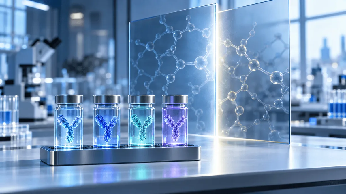 Four glowing antibody specimen vials in a lab rack stand before two large converging glass architectural panels etched with molecular patterns, symbolizing a merged research partnership.