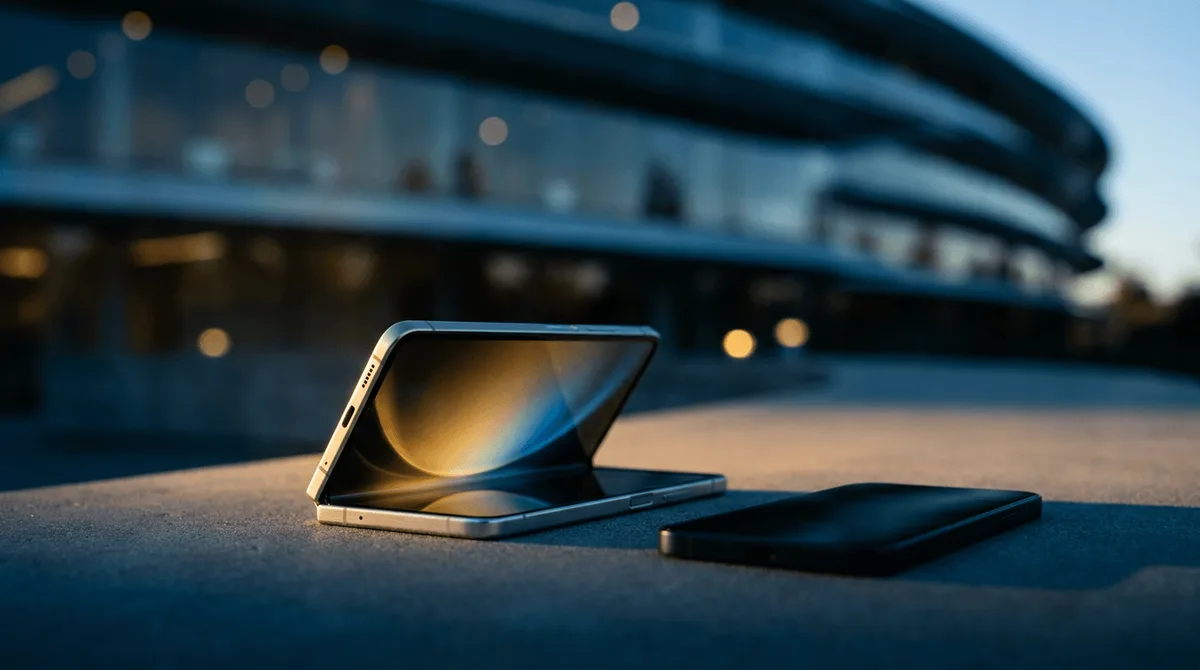 A sleek foldable smartphone shown mid-unfold against the backdrop of Apple Park's glass-curved silhouette, its screen glowing with a subtle golden-hour light to signal a premium, high-stakes launch.