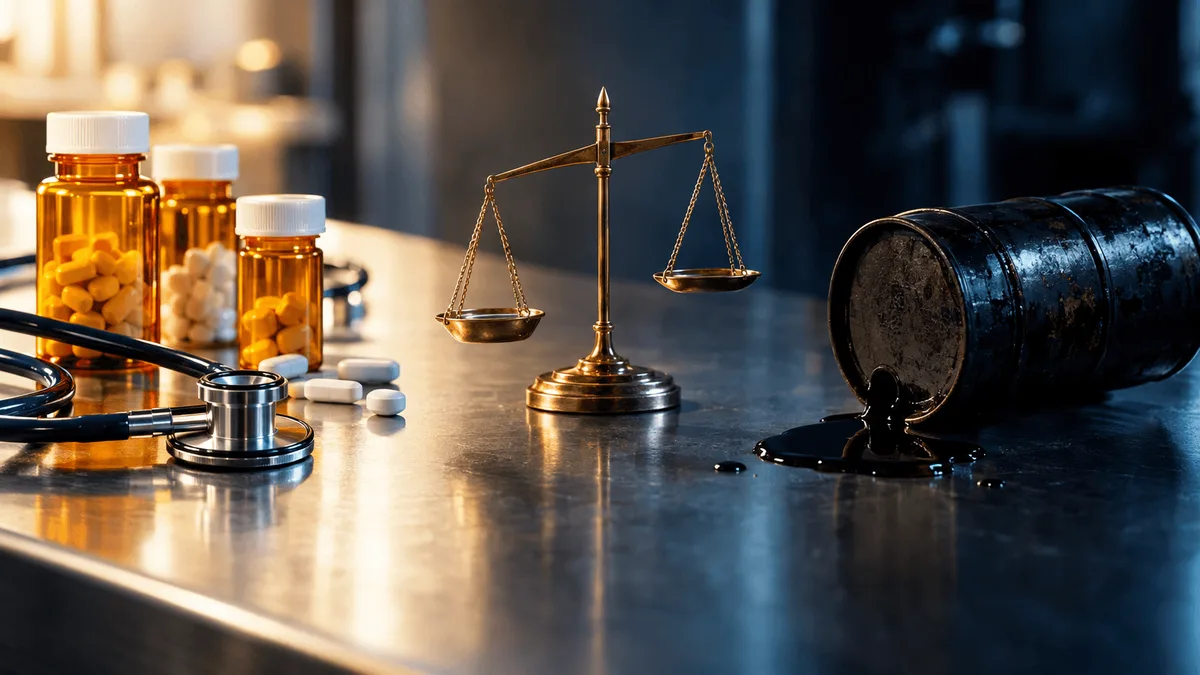 A clean still life on a clinical steel countertop: amber pill bottles and a stethoscope arranged neatly in sharp light on one side, while the opposite end of the frame shows a toy oil barrel tipped on its side with a few drops of dark oil p