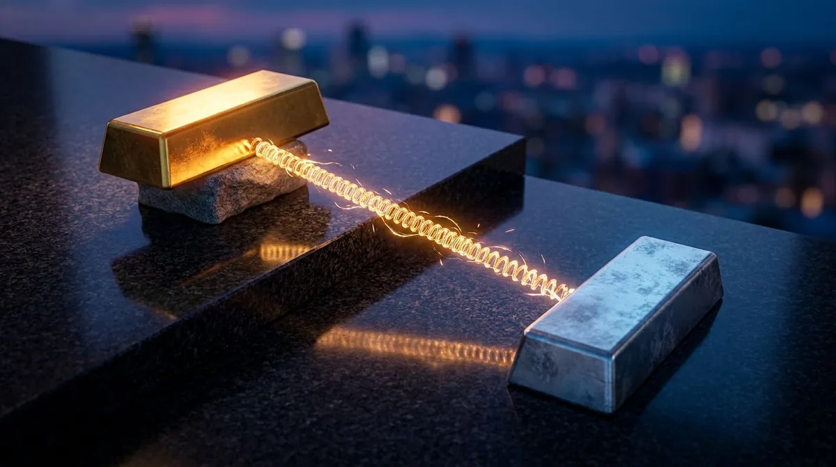 A split composition showing a gleaming gold bar and a silver bar side by side on a dark, polished surface, with a glowing tension line or stretched rubber band visually connecting them to symbolize the mean reversion concept.