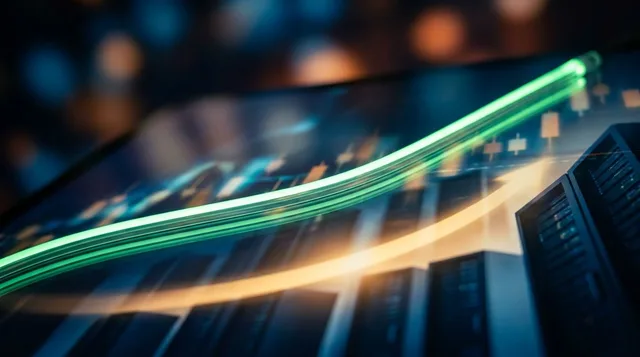 A dramatic upward-trending stock chart line rendered in electric green against a dark background, with glowing Nasdaq ticker symbols and candlestick patterns reflecting off a sleek glass surface.