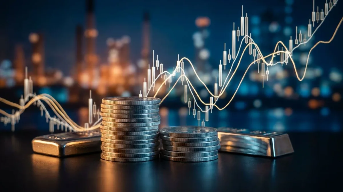 A gleaming silver bar or stack of silver coins sits prominently in the foreground, with dynamic candlestick chart patterns rising and falling dramatically in the background, rendered in silver and gold tones.