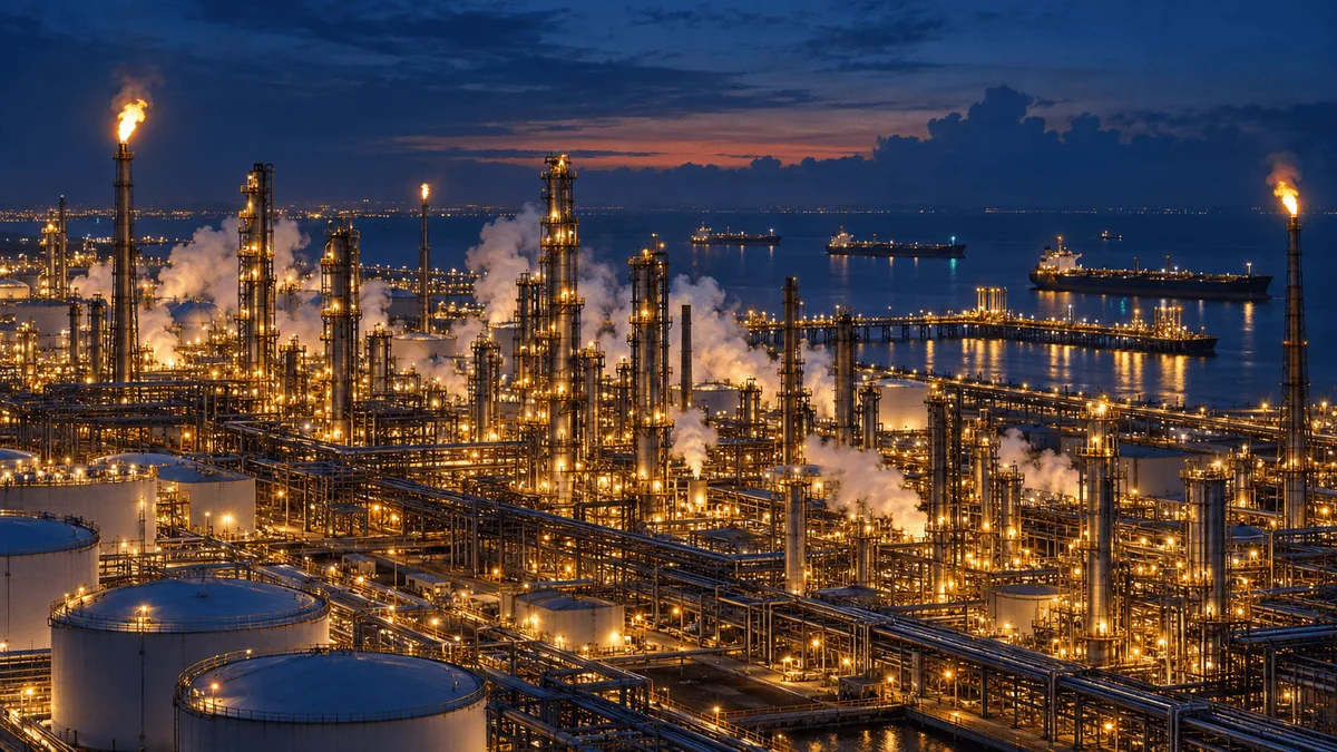 Wide aerial view of a fully operating oil refinery at dusk, with lit distillation towers, flare stacks, steam, and tankers docked at a nearby terminal under a darkening sky.