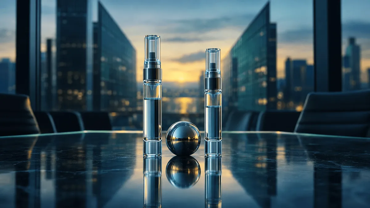 Two abstract glass medical injector vials stand beside a reflective chrome sphere on a dark boardroom table, with blurred twin glass office towers converging in the background, symbolizing a pharmaceutical acquisition.