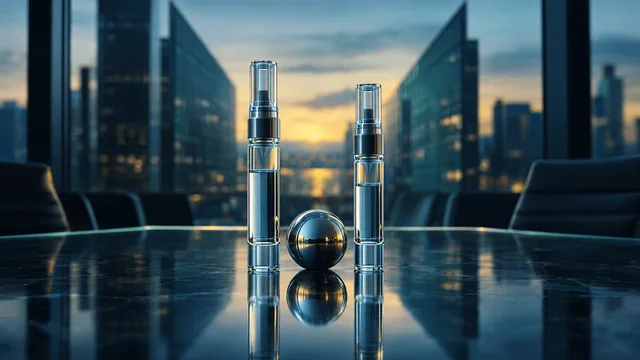 Two abstract glass medical injector vials stand beside a reflective chrome sphere on a dark boardroom table, with blurred twin glass office towers converging in the background, symbolizing a pharmaceutical acquisition.