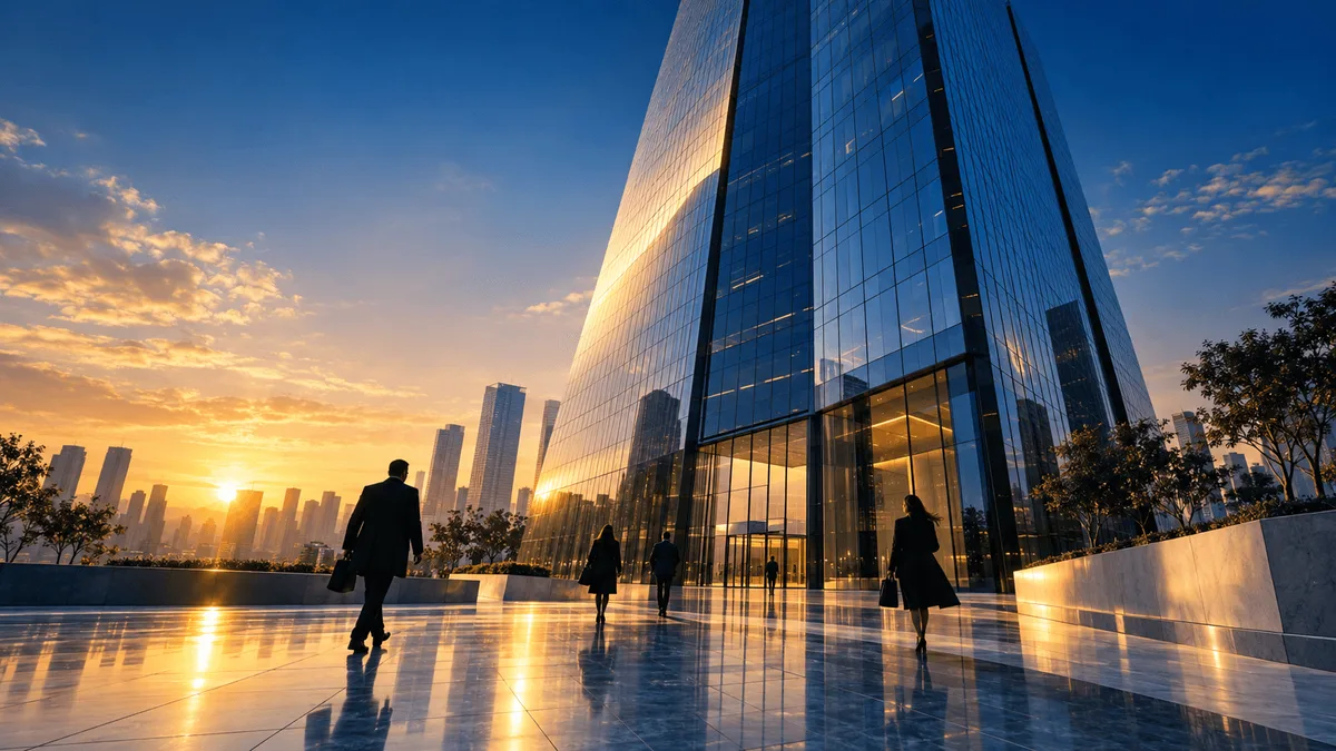 A modern glass corporate tower at sunrise with light sweeping upward across its facade, reflected in a plaza below where professionals walk, evoking a sense of rising momentum.