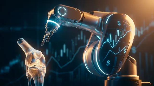 A sleek robotic surgical arm with precision mechanical joints hovers over an illuminated human knee joint or skeletal model, rendered in cool blue and white tones against a dark background.