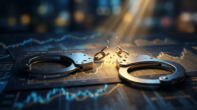 A close-up of a pair of shiny metal handcuffs resting on top of financial charts and stock market graphs, with one cuff open and breaking free. The lighting is dramatic, with a sharp contrast between shadow and a golden light illuminating the broken chain, symbolizing liberation from mental constraints. The financial data visible beneath the handcuffs reinforces the trading context while the breaking-free visual immediately communicates overcoming a psychological trap.