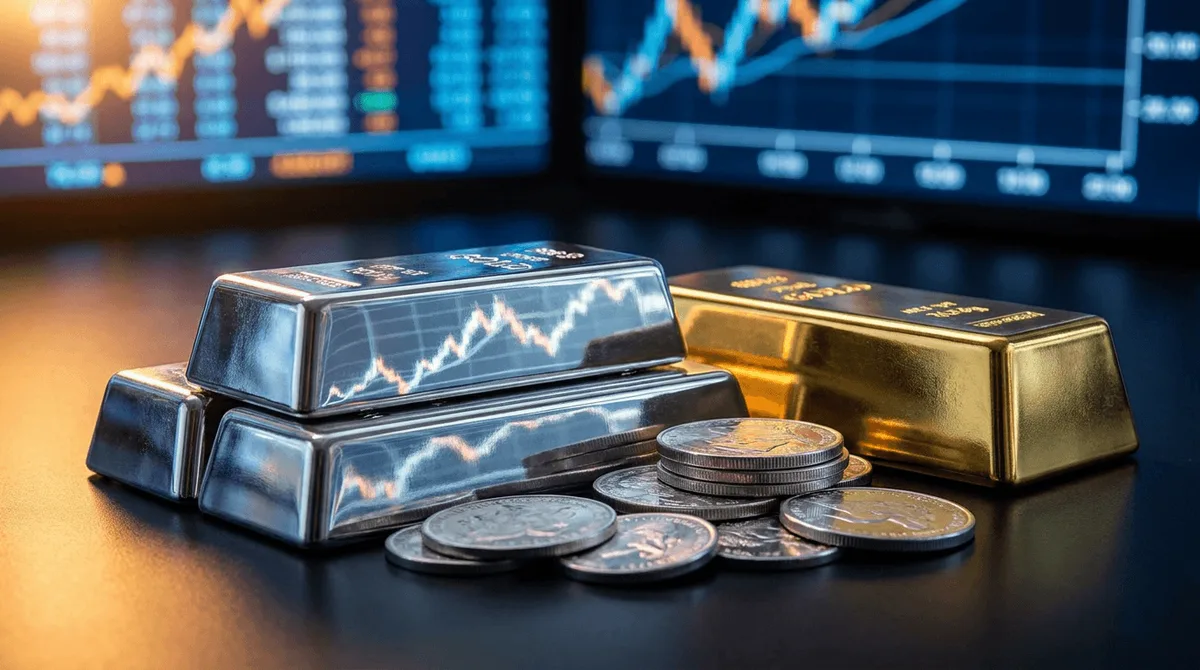 A dramatic close-up of gleaming silver bars and coins arranged alongside a single gold bar, with a bold price chart graph reflected in the polished metallic surfaces.