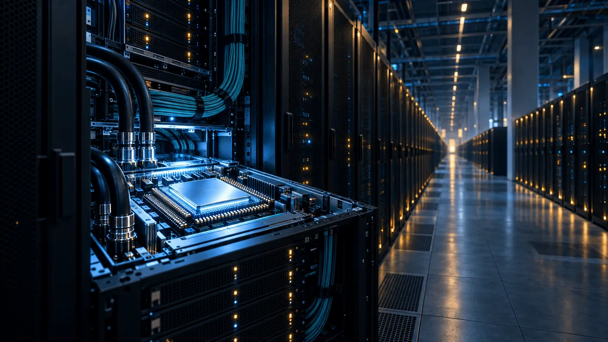 A close-up view of a glowing AI accelerator chip mounted in a server rack within a vast, dimly lit data center hall lined with rows of server cabinets fading into the distance.