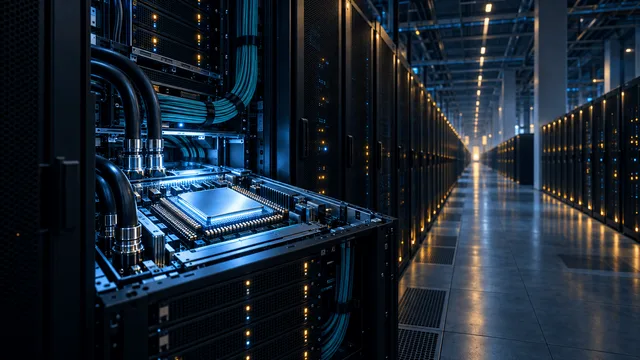 A close-up view of a glowing AI accelerator chip mounted in a server rack within a vast, dimly lit data center hall lined with rows of server cabinets fading into the distance.