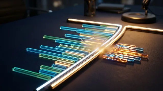 A dramatic dark-themed trading chart fills the frame, with glowing horizontal volume bars extending from the left side creating a vivid heat map of price activity, while a bright, luminous curved line (representing VWAP) cuts diagonally acr