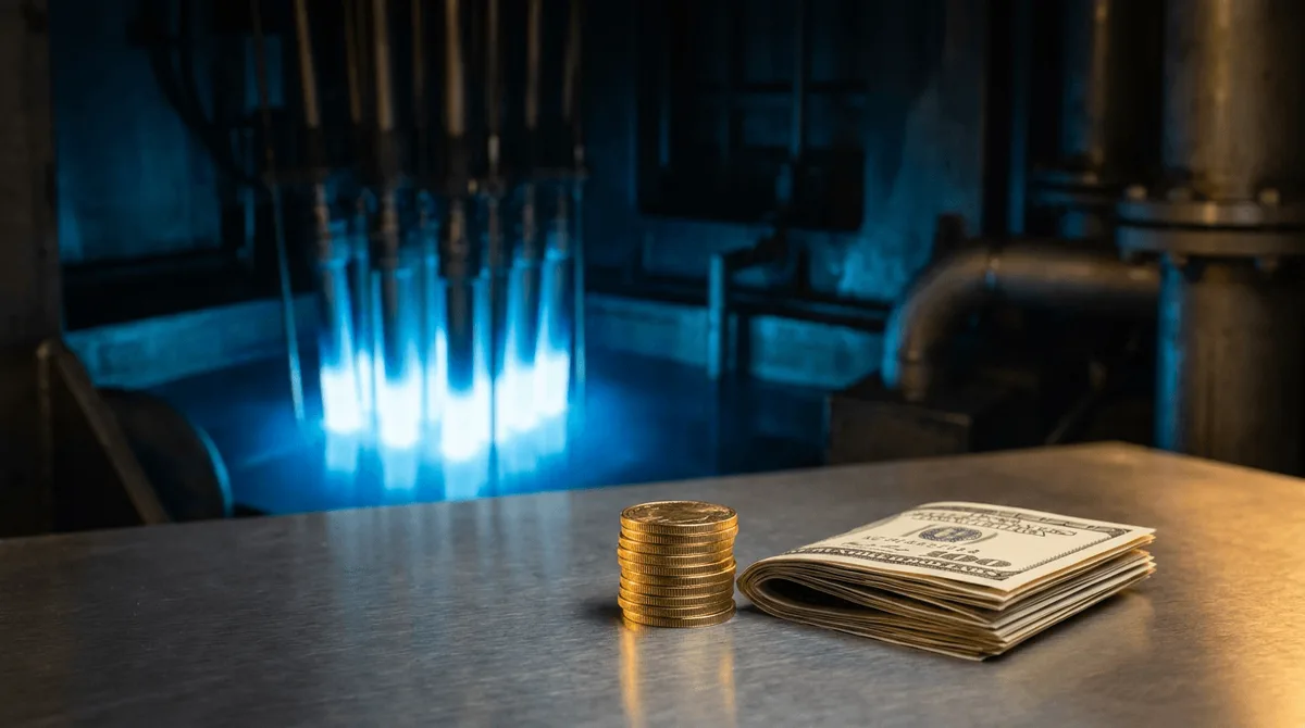 A dramatic, close-up shot of glowing nuclear fuel rods with an intense blue-white Cherenkov radiation glow, set against a dark industrial backdrop suggesting a reactor core.