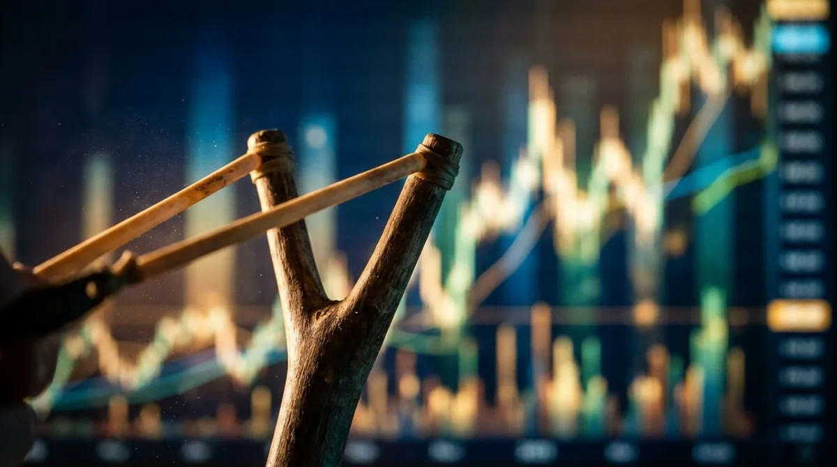 A slingshot stretched taut against a dramatic financial chart backdrop, with the elastic band pulled back and ready to launch, symbolizing the market's powerful rebound potential. The foreground features the slingshot in sharp focus while a glowing upward-trending stock chart fills the background in green and gold tones. The tension in the stretched band visually captures the "snap back" energy of the market setup, creating an immediate sense of momentum and opportunity.