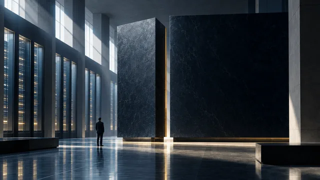 Editorial illustration of a grand stone-and-glass institutional interior where one dark monolithic block stands apart from a larger adjoining structure, symbolizing a corporate division considering the separation of one of its data units.