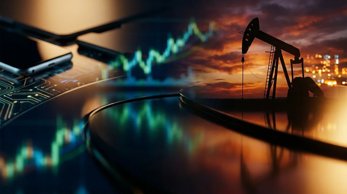 A dramatic split-screen composition showing a glowing green stock ticker display with upward-trending chart lines on one side, and a bold oil barrel or crude oil pump silhouetted against a fiery orange sky on the other.