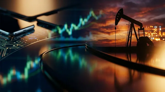 A dramatic split-screen composition showing a glowing green stock ticker display with upward-trending chart lines on one side, and a bold oil barrel or crude oil pump silhouetted against a fiery orange sky on the other.
