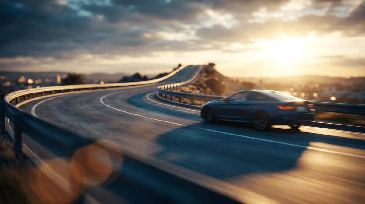 A sleek sports car accelerating down an open highway with motion blur effects, shot from a low angle to emphasize speed and forward momentum. The road stretches toward a bright, sunlit horizon with an upward-curving trajectory that visually mirrors a rising stock chart. The scene conveys confidence, urgency, and bullish momentum — perfectly capturing the "foot on the gas" theme of seizing a powerful market opportunity.