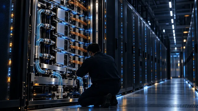 A technician adjusts liquid-cooling lines on an open, GPU-dense AI server rack in a dimly lit data center aisle.