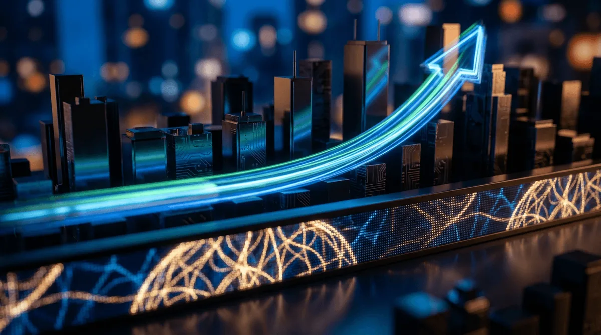 A sleek, illuminated stock exchange ticker board glowing with the Nasdaq logo dominates the frame, its digital numbers morphing into abstract neural-network patterns to symbolize AI-driven growth.