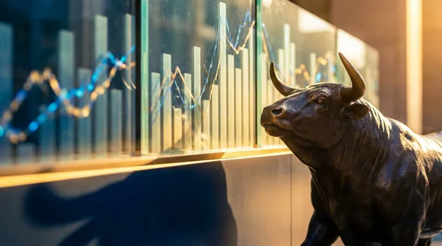 A Wall Street bull statue straining upward against a backdrop of stock charts and bar graphs that are clearly trending higher than expected, with a visual "bar" or threshold line being dramatically surpassed. The scene captures the tension between low expectations and surprising reality, with warm golden light breaking through suggesting an upside surprise. The composition should feel dynamic and slightly dramatic, conveying the idea of markets being caught off-guard by better-than-anticipated r