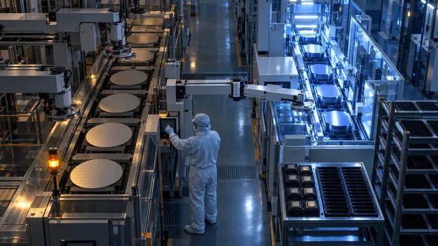 Inside a semiconductor fab, a technician redirects production from an idle consumer-chip line to an active server-chip line, with sparse memory module trays visible nearby.