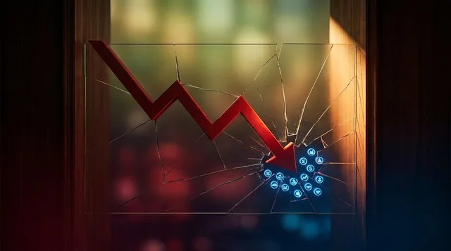 A dramatic downward-plunging stock market graph rendered in deep red fills the frame, with the sharp decline arrow casting a long shadow over a cluster of glowing blue chip stock icons representing mega-cap concentration.
