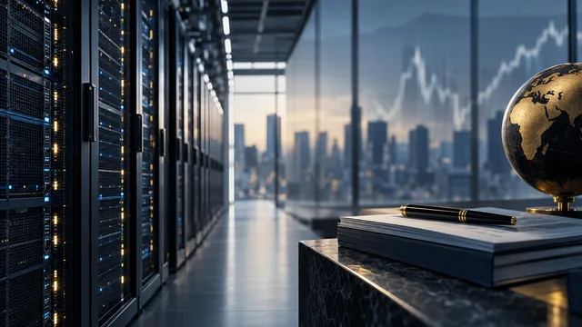 Server racks in a data center beside a muted financial-market display, representing the funding and cash-flow pressures of the AI investment cycle.