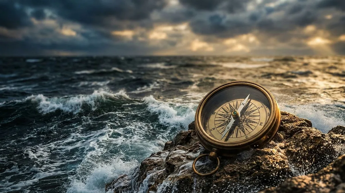A turbulent ocean with waves going in multiple directions, showing choppy, unpredictable water under a dramatic stormy sky with occasional breaks of light. In the foreground, a single steady compass or ship's wheel remains firmly anchored, symbolizing disciplined focus amid market chaos. The contrast between the violent, directionless waves and the calm, unwavering instrument visually captures the article's core message about maintaining conviction during volatile market conditions.