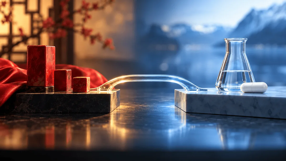 A symbolic still-life of a red ceremonial seal and ribbon on one side and a minimalist glass beaker with a single capsule on the other, connected by a glowing bridge of light, representing an international pharmaceutical licensing partnership.