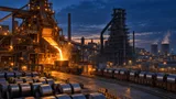 Wide view of a steel mill at dusk with an active blast furnace pouring molten steel beside an idled, scaffolded furnace structure, with stacked steel coils and rail cars in the foreground.