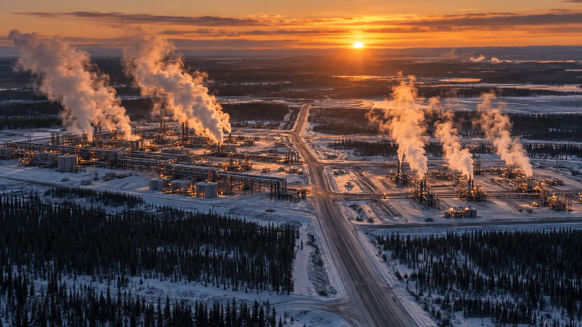 Aerial dusk view of two adjacent Alberta oil sands thermal extraction sites merging along a shared haul road, with steam rising from well pads across a snow-covered boreal landscape under an amber sunset sky.